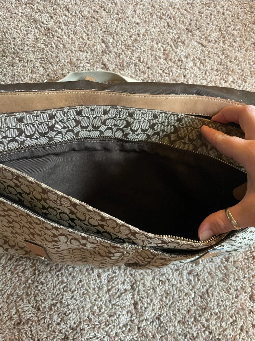 Coach Canvas Messenger Bag in Khaki and Tan with Stripe Detail